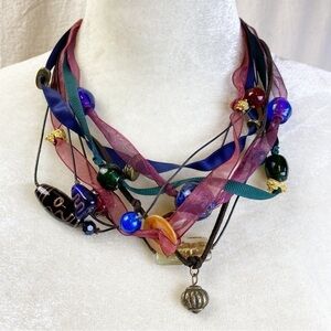 Vintage Chico's necklace organza ribbon + art glass beads - fantastic condition